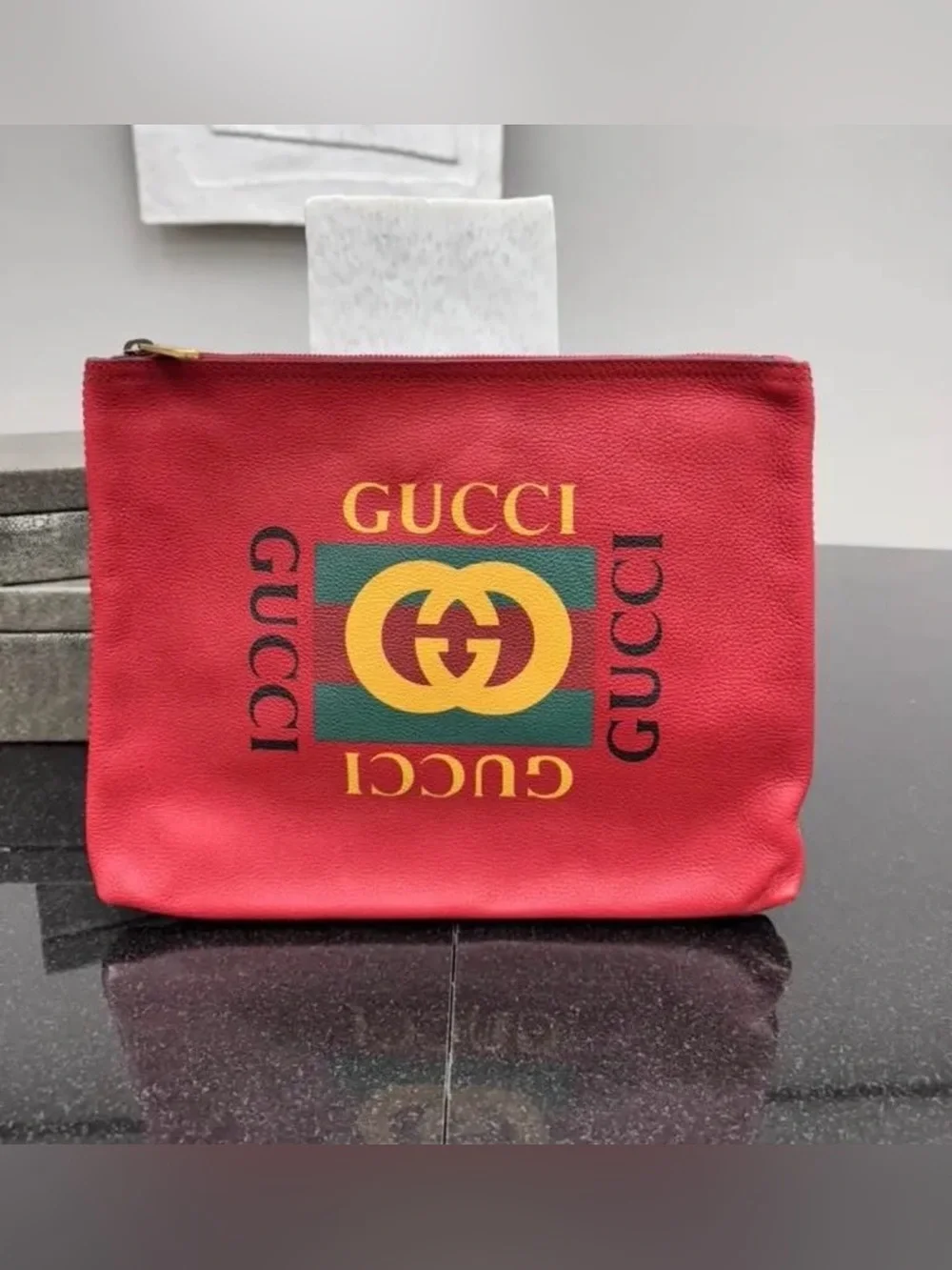 Gucci Red Leather Pouch with Green and Yellow Logo